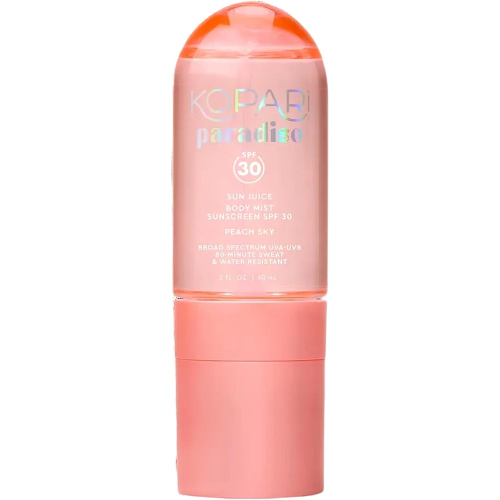 Kopari Paradiso Sun Juice Broad Spectrum SPF 30 Body Mist Sunscreen Clear Non Sticky Spray Peach Sky 2 Fluid Ounce