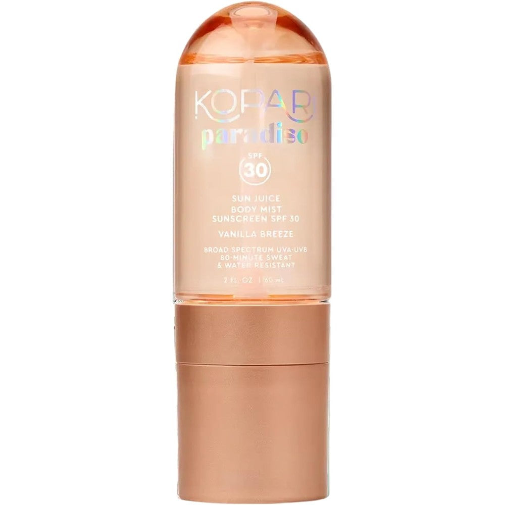 Kopari Paradiso Sun Juice Broad Spectrum SPF 30 Body Mist Sunscreen Spray Vanilla Breeze Scent Clear Non Sticky Formula 2 Fluid Ounce