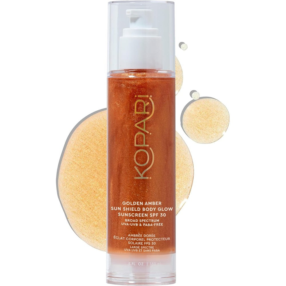 Kopari Sun Shield Body Glow Broad Spectrum SPF 30 Lightweight Shimmering Sunscreen Gel Hydrating Body Oil In Golden Amber 5 Ounce