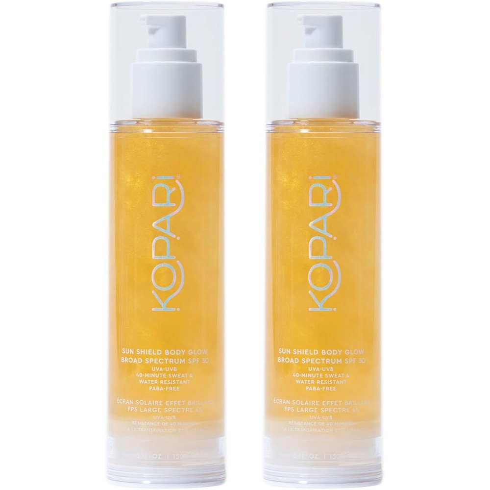 Kopari Sun Shield Body Glow Broad Spectrum SPF 50 Lightweight Shimmering Gel Texture Gold 5 Ounce 2 Pack