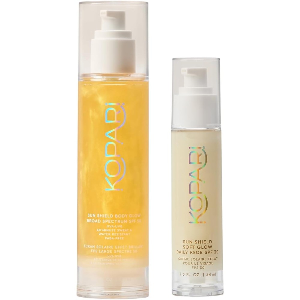 Kopari Sun Shield Bundled With Soft Glow Broad Spectrum SPF 50 Gel Sunscreen And Shimmer Body Glow With Nourishing Oils And Gold Pearlescent Minerals