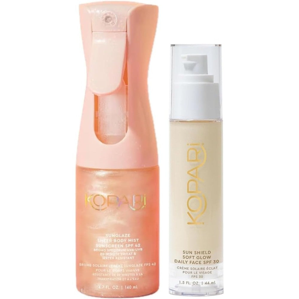 Kopari Rose Gold Sunglaze Sheer Body Mist Sunscreen SPF 42 And Sun Shield Soft Glow Daily Face SPF 30 Duo Set