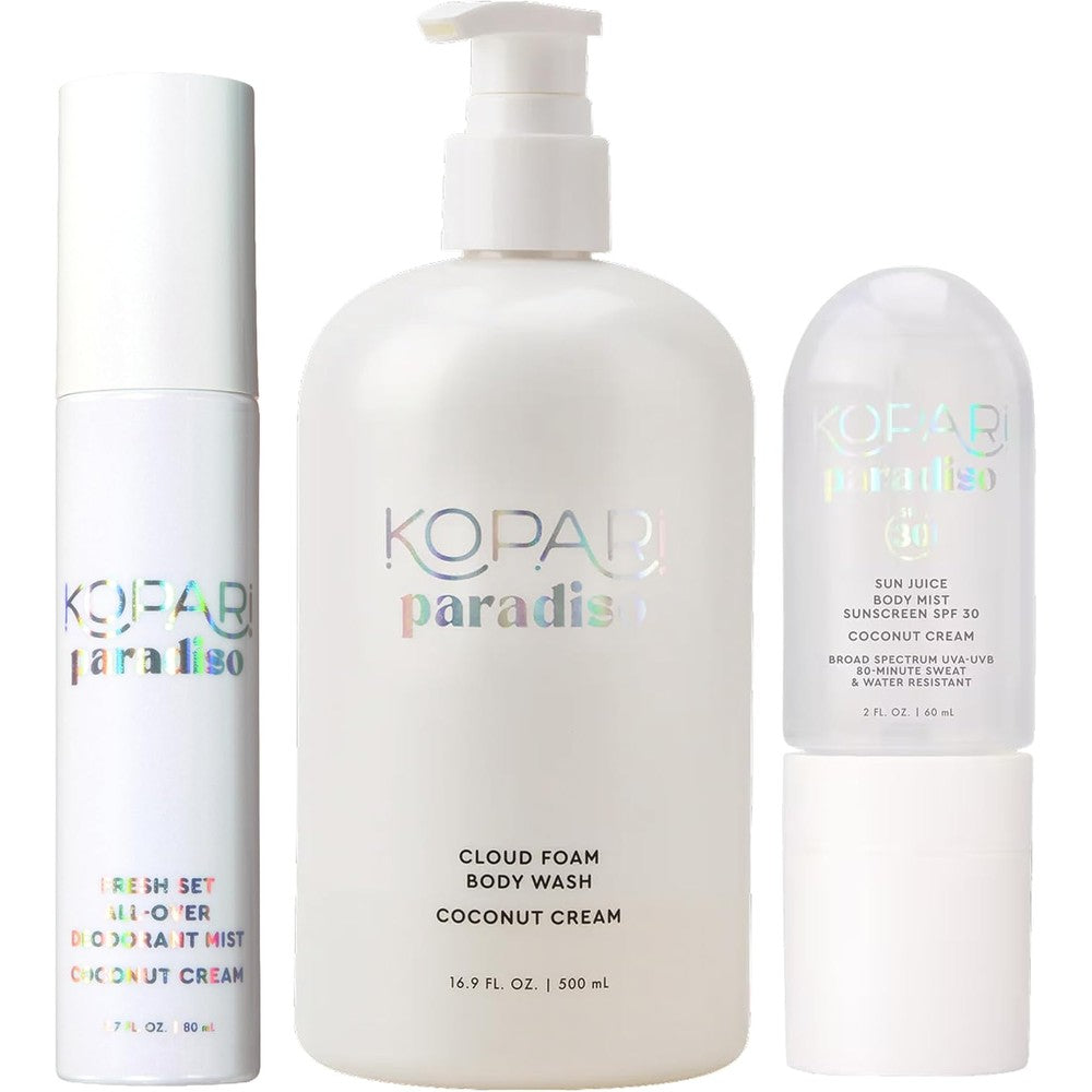 Kopari Paradiso Coconut Cream Body Routine Set Featuring Cloud Foam Body Wash, Sun Juice SPF 30 Body Mist, And Fresh Set All-Over Deodorant Mist