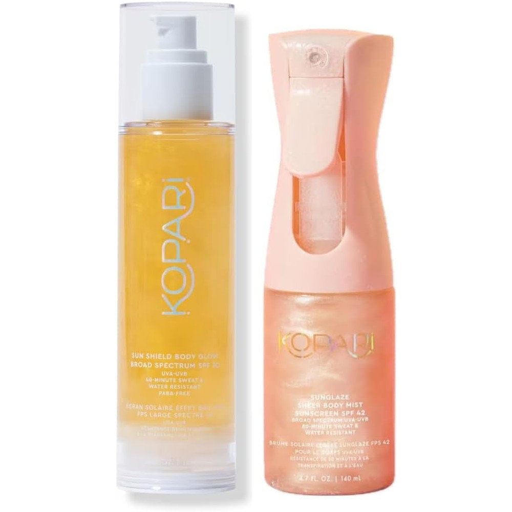 Kopari Sun Shield Body Glow Broad Spectrum SPF 50 And Sunglaze Sheer Body Mist Sunscreen SPF 42 Gold And Rose Gold