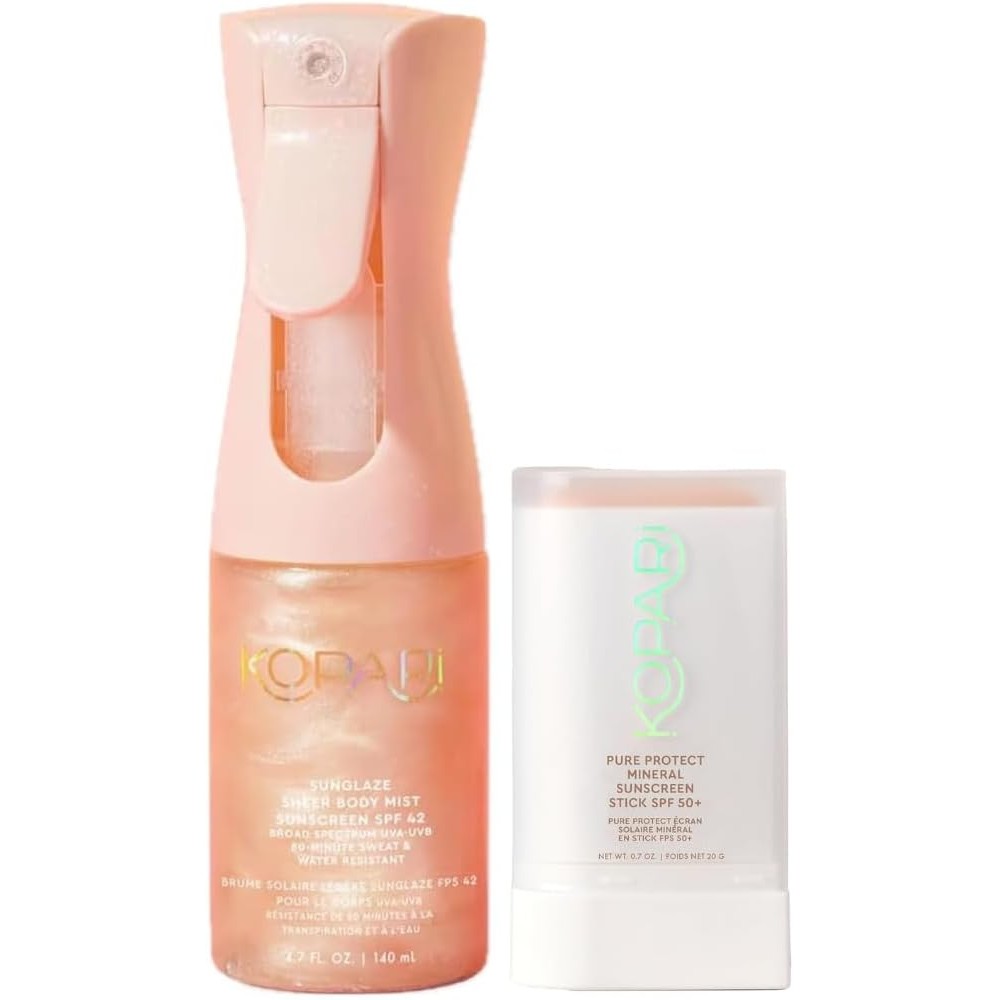 Kopari Rose Gold Sunglaze Sheer Body Mist Sunscreen Broad Spectrum SPF 42 and Pure Protect 100 Percent Mineral Sunscreen Stick SPF 50 Plus Set