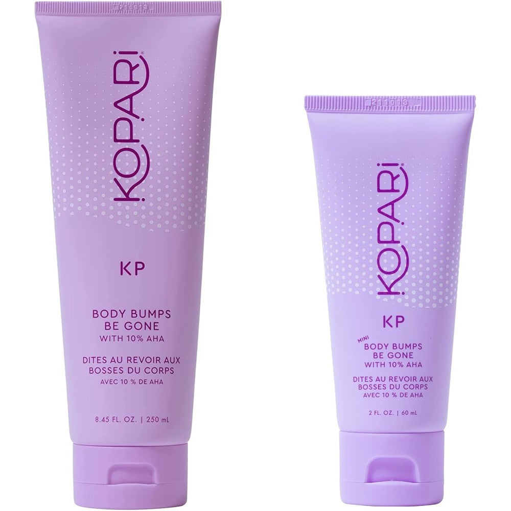Kopari KP Scrub Full Size And Travel Size Set Body Bumps Be Gone Exfoliating Body Scrub With 10% AHA 8.45 Fluid Ounce And 2.0 Fluid Ounce