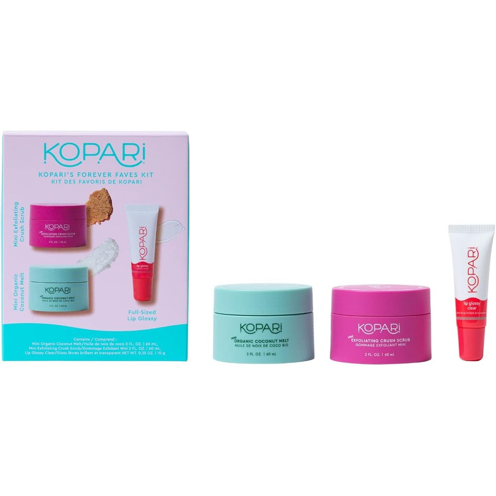 Kopari Forever Faves Bundle Body And Lip Kit Featuring Mini Organic Coconut Melt 2 Ounce Exfoliating Crush Scrub Clear Lip Glossy