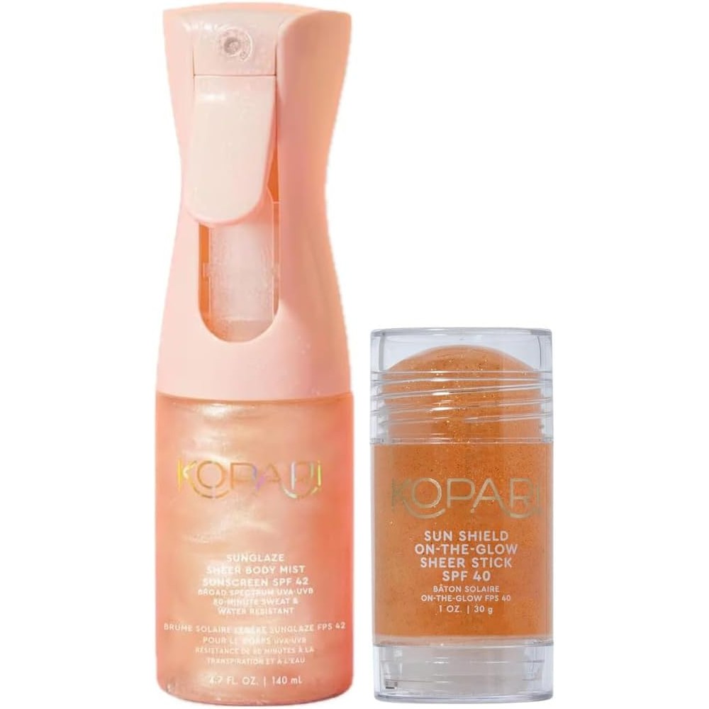 Kopari Rose Gold Sunglaze Sheer Body Mist Sunscreen Broad Spectrum SPF 42 And Sun Shield On-The-Glow Sheer Sunscreen Stick SPF 40 Duo