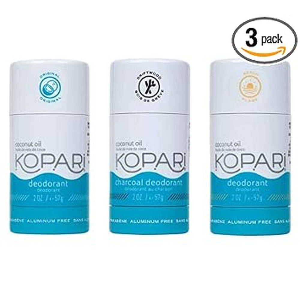 Kopari Aluminum Free Plant Based Deodorant Combo Three Pack Original Charcoal Beach 2.0 Ounce