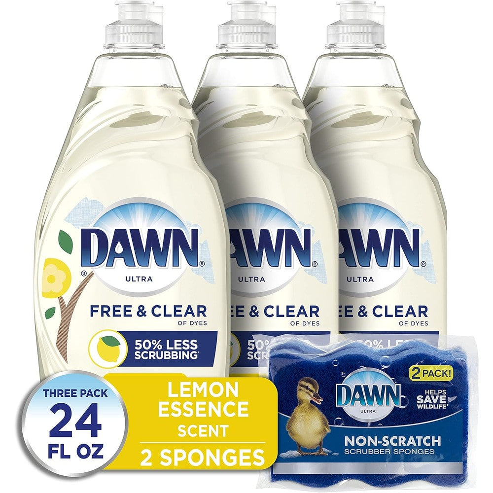 Dawn Free And Clear Dishwashing Liquid Dish Soap Lemon Essence 24 Fluid Ounce Pack Of 3 With 2 Non Scratch Scrubber Sponges