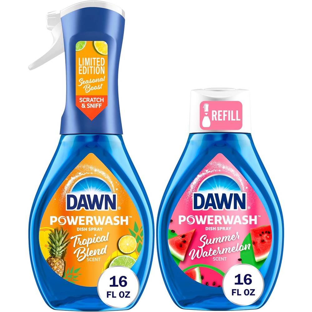 Dawn Powerwash Dish Soap Spray Kitchen Starter Kit Tropical Blend and Watermelon Refill Combo Pack 16 Fluid Ounce Each