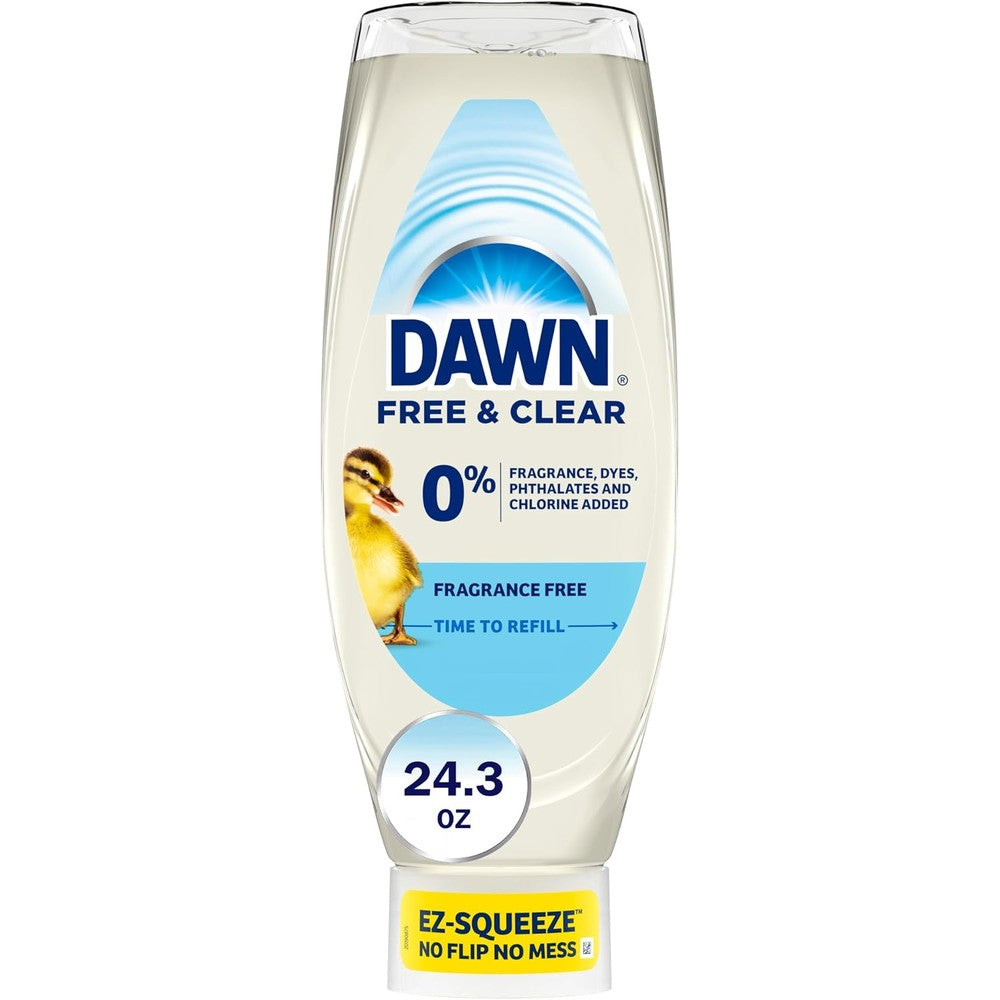 Dawn Free & Clear EZ-Squeeze Dishwashing Liquid Soap Powerful Grease Removal Upside Down Bottle Unscented 24.3 Fluid Ounce