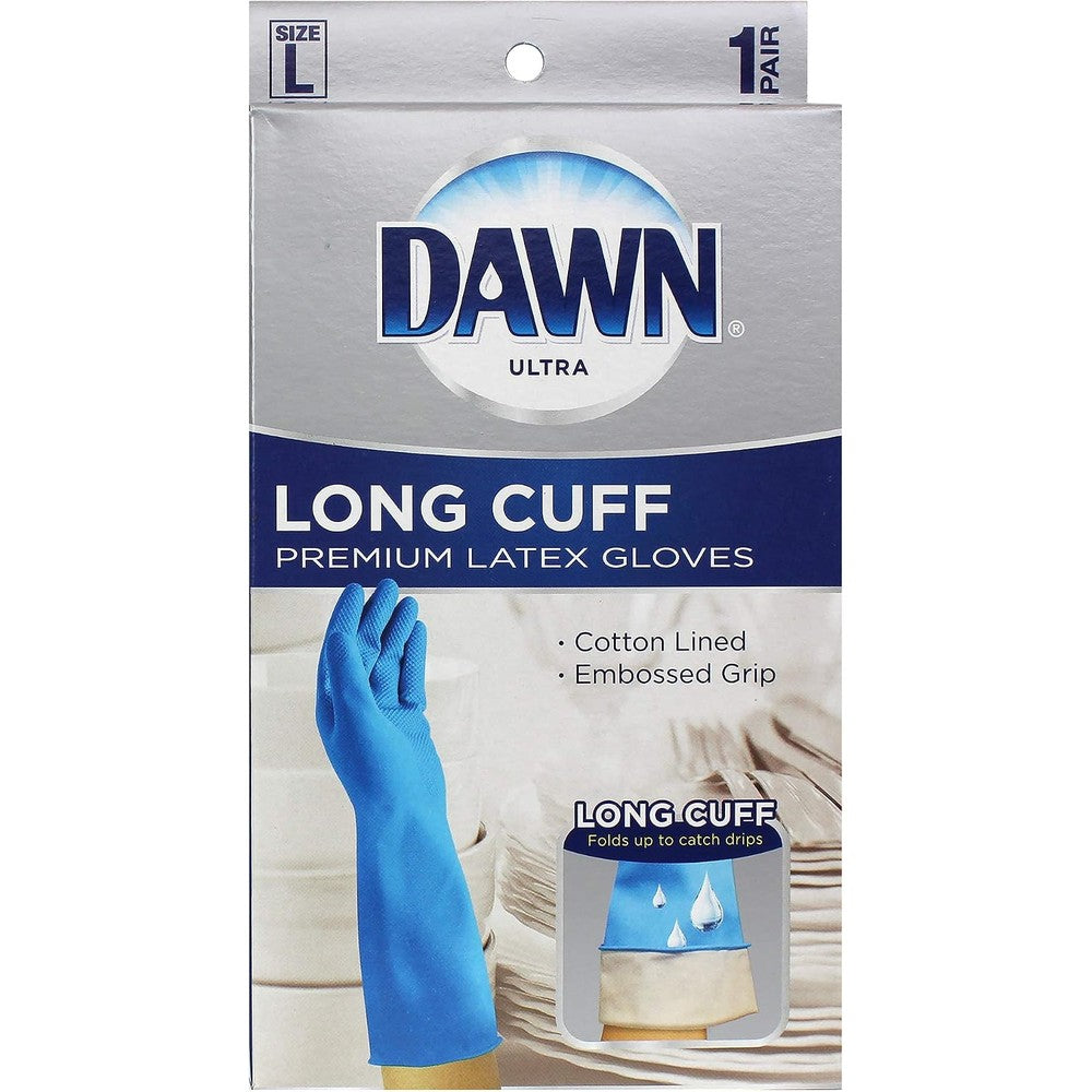 Dawn Large Reusable Premium Latex Cleaning Gloves With Long Drip Catching Cuff Blue Soft Cotton Lined Palm Embossed Wet Grip