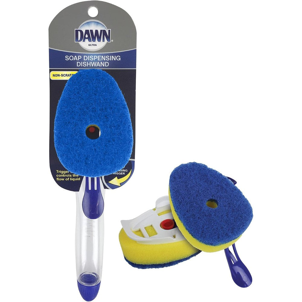 Dawn Ultra Soap Dispensing Non Scratch Dish Wand Combo With 2 Refill Scrubber Heads Blue And Clear