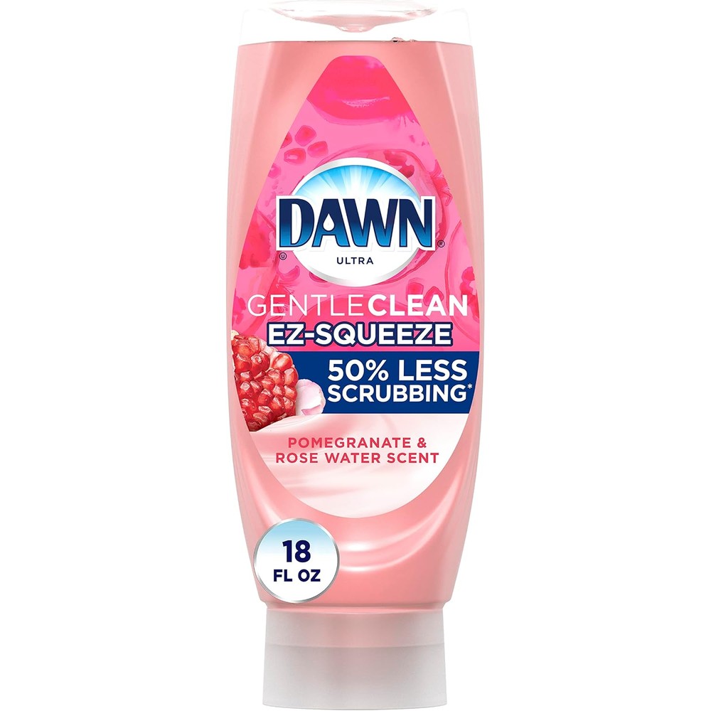 Dawn Gentle Clean EZ-Squeeze Dishwashing Liquid Dish Soap Pomegranate and Rose Water Scent Inverted Bottle Gentle On Hands 18 Fluid Ounce