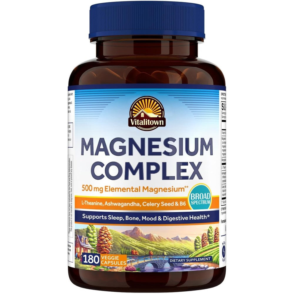 Vitalitown Magnesium Complex Supplement 500 Milligrams Magnesium Glycinate Citrate And Taurate With Ashwagandha 180 Veggie Capsules