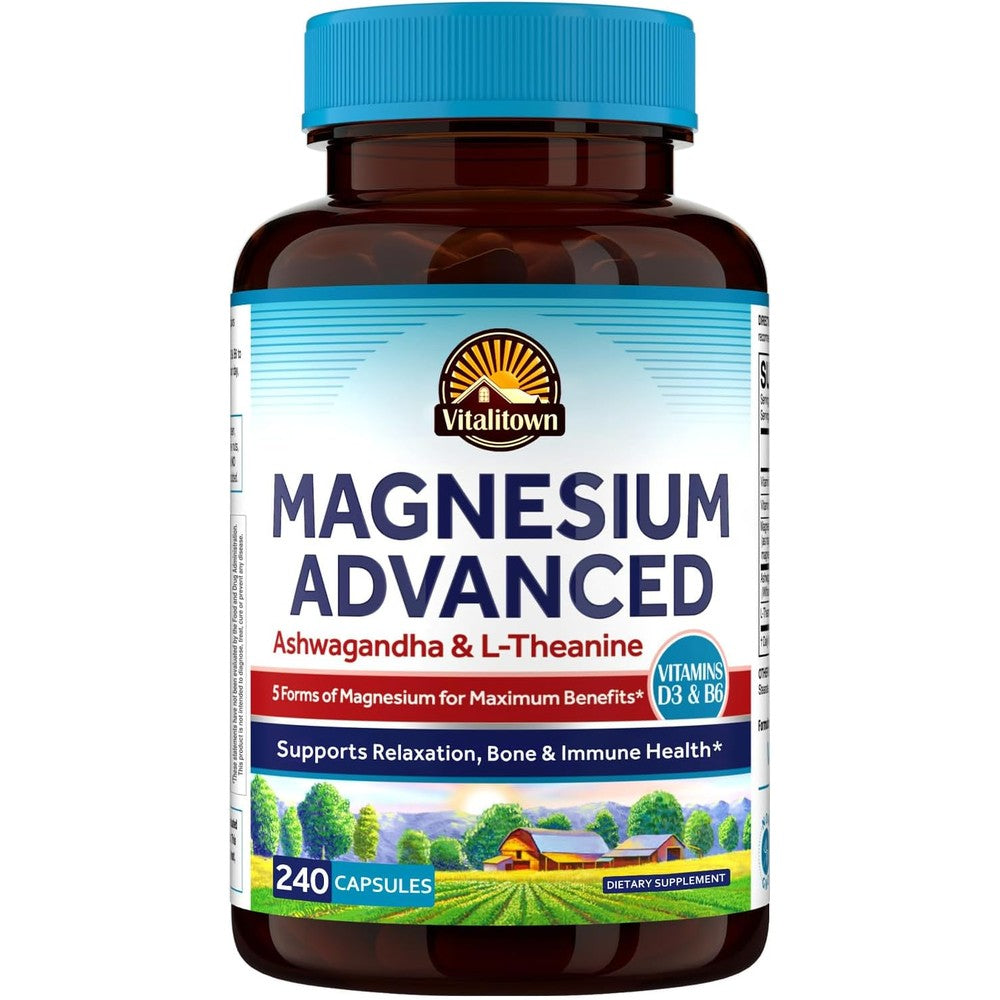 Vitalitown Magnesium Ashwagandha Supplement 240 Capsules With Glycinate Citrate Malate Taurate Vitamins D3 And B6 For Calm And Relaxation