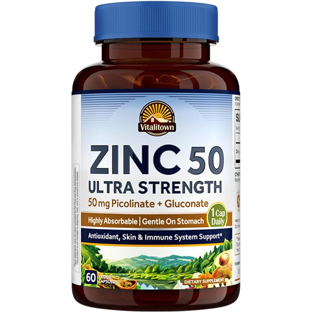 Vitalitown Chelated Zinc 50 Milligrams Zinc Picolinate And Gluconate 60 Veggie Capsules