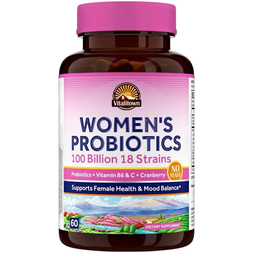 Vitalitown Women's Probiotics 100 Billion CFUs 18 Strains With Prebiotics Vitamin C Vitamin B6 And Cranberry 60 Vegan Capsules