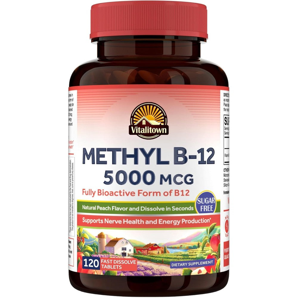 Vitalitown Vitamin B12 Methyl B12 5000 Mcg Fully Bioactive Form Fast Dissolve Tablets Natural Peach Flavor Zero Sugar 120 Tablets
