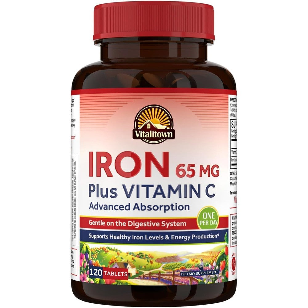Vitalitown Iron Supplement for Women Men High Potency 65 Milligrams Iron with Vitamin C 250 Milligrams 120 Vegan Pills