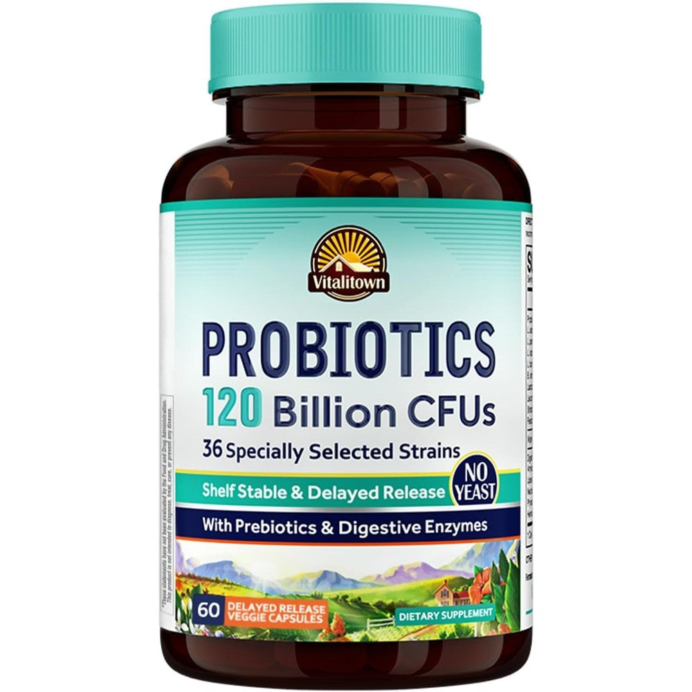 Vitalitown Probiotics 120 Billion CFUs 36 Strains With Prebiotics And Digestive Enzymes 60 Delayed Release Veg Capsules