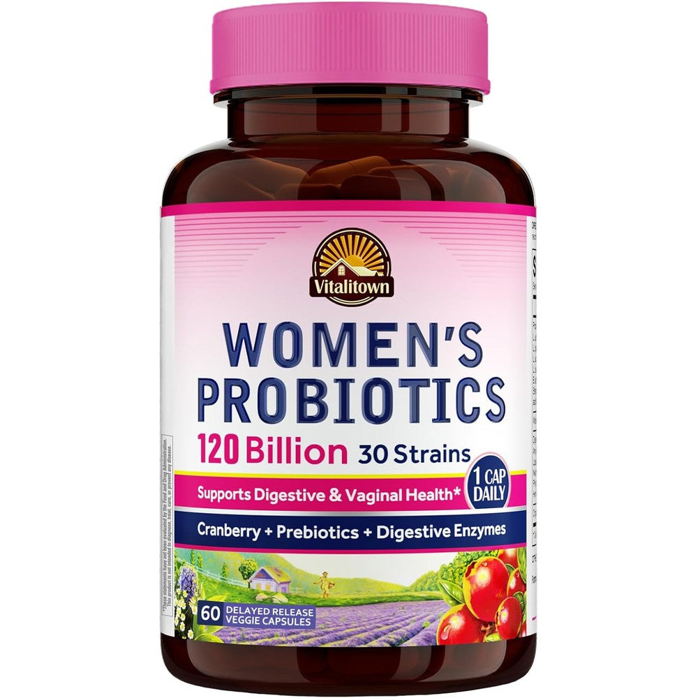 Vitalitown Probiotics For Women 120 Billion CFUs 30 Strains With Prebiotics Digestive Enzymes And Cranberry Vegan 60 Count