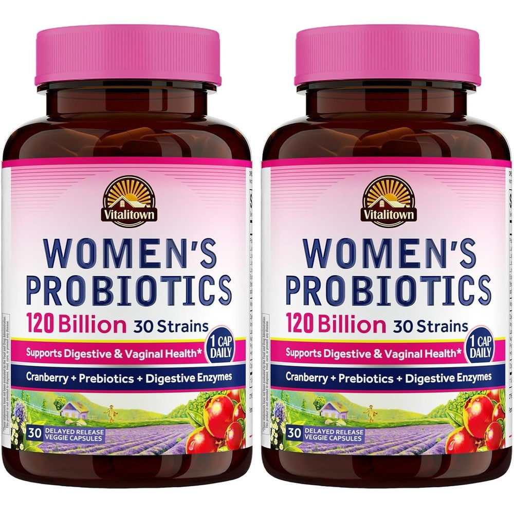 Vitalitown Probiotics For Women 120 Billion CFUs 30 Strains With Prebiotics Digestive Enzymes And Cranberry Vegan 60 Capsules Pack Of 2