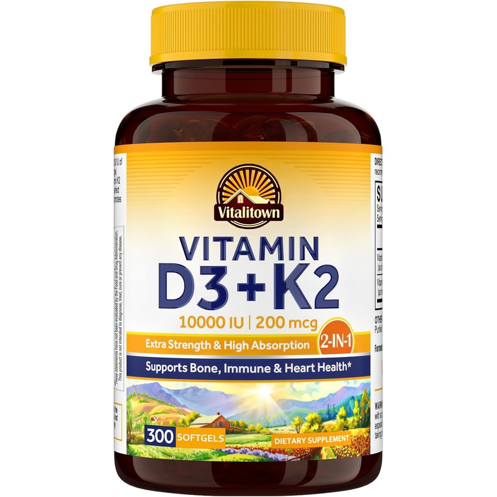 Podafu Vitalitown Vitamin D3 K2 Supplement 10000 International Units 200 Micrograms 300 Softgels