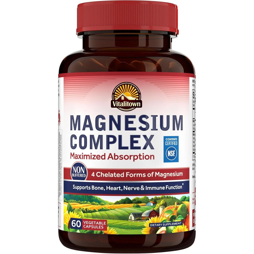 Vitalitown Magnesium Complex Supplement 500mg NSF Certified 60 Capsules Glycinate Malate Taurate And Citrate High Absorption Chelated