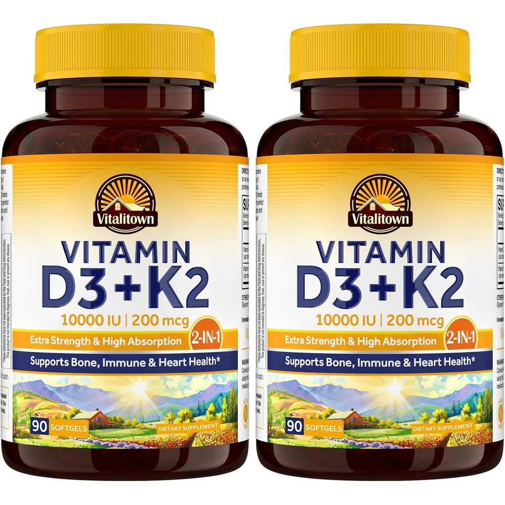 Vitalitown Vitamin D3 K2 Supplement 10000 IU and 200 Micrograms MK7 90 Softgels Pack of 2