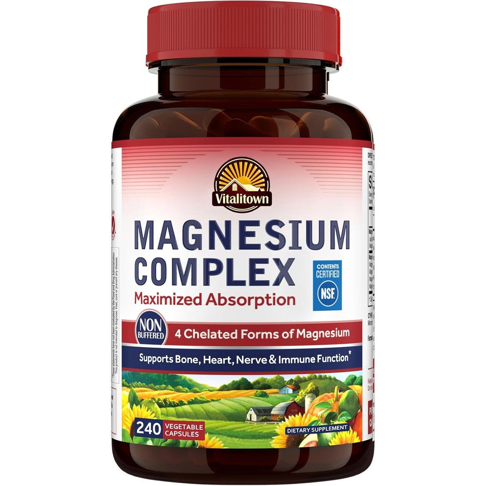 Vitalitown Magnesium Complex Supplement 500mg NSF Certified Chelated Glycinate Malate Taurate Citrate High Absorption Vegan 240 Capsules