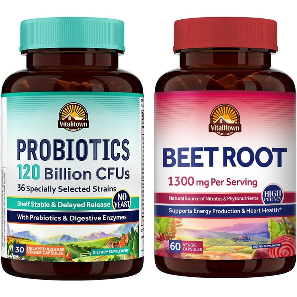 Vitalitown Probiotics 120 Billion CFUs And Organic Beet Root 1300mg Capsules Combo Pack