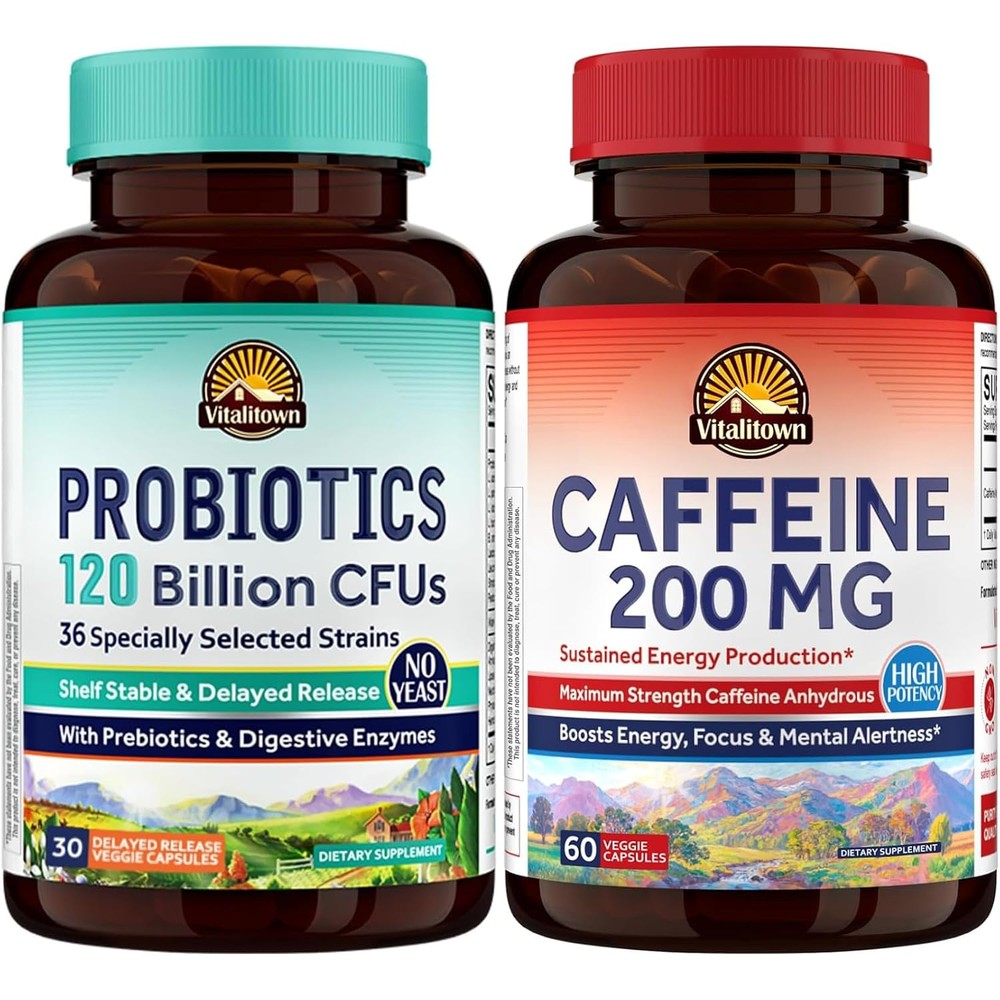 Vitalitown Probiotics And Caffeine Capsules Bundle 30 And 60 Count
