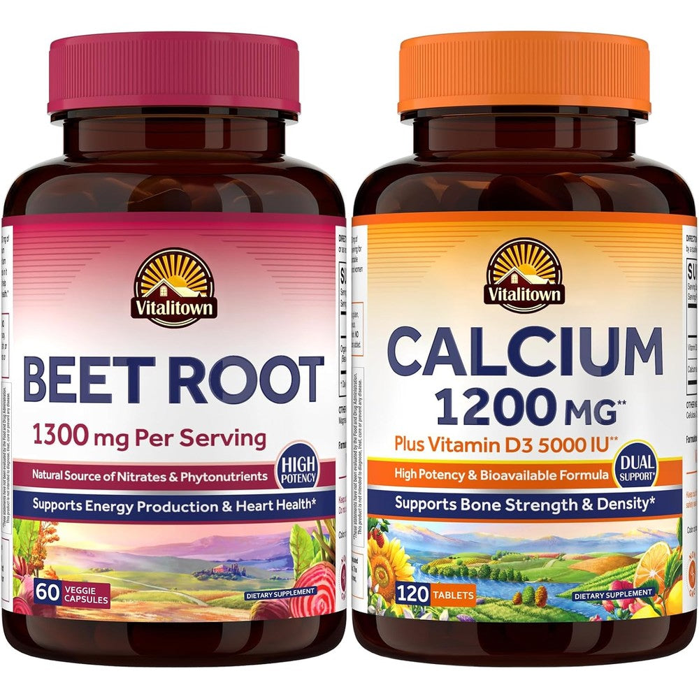 Vitalitown Beet Root And Calcium Bundle Natural Nitric Oxide Booster With Vitamin D3 For Heart Health Bone Strength And Energy Support