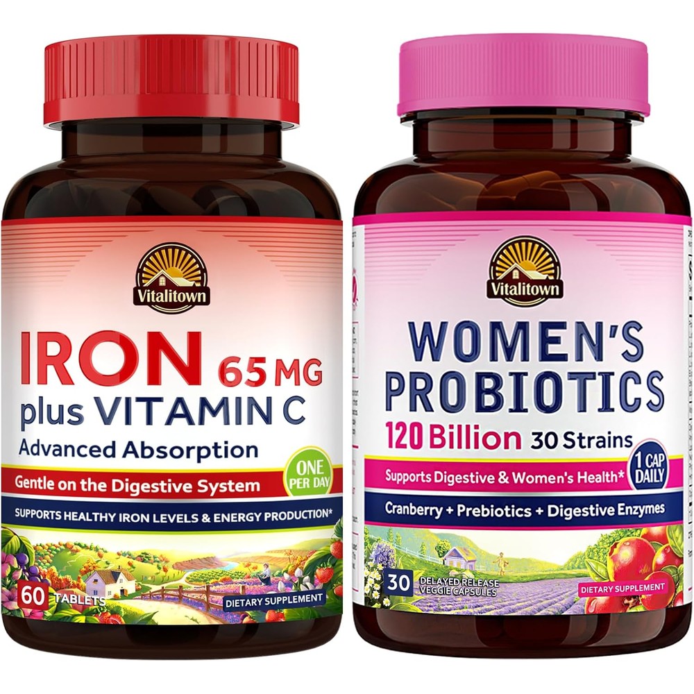 Vitalitown Women's Probiotics And Iron Supplement Bundle - Gut Health And Blood Building Support