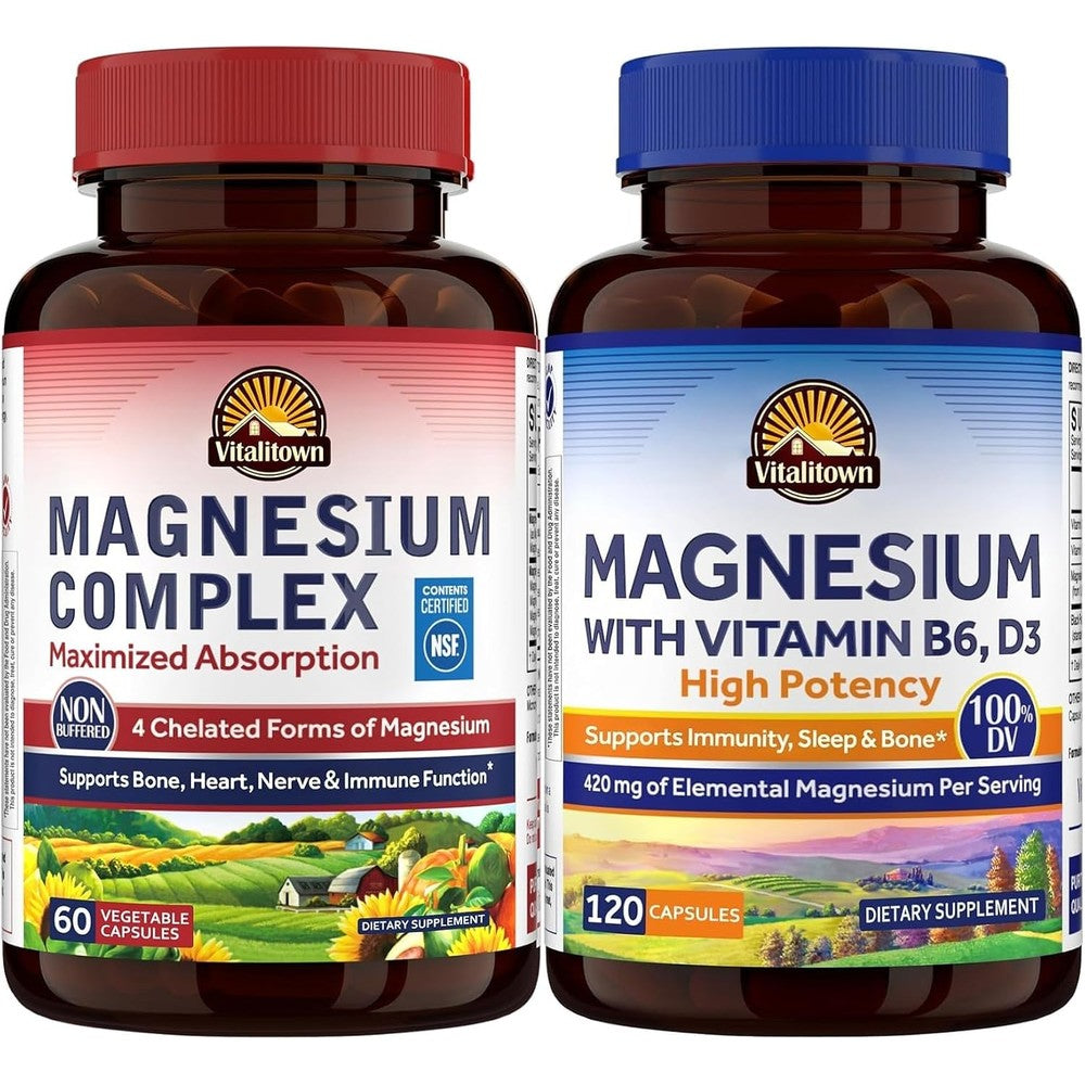 Vitalitown Magnesium Complex And Magnesium Citrate Bundle 500 Milligrams Chelated Magnesium With Vitamin B6 And Vitamin D3