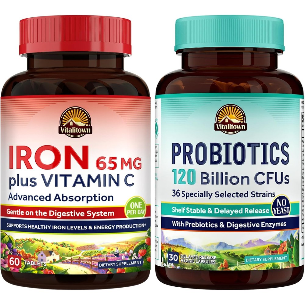 Vitalitown Probiotic Plus Iron Supplement Bundle Probiotics 120 Billion Capsules And 65mg Iron Tablets