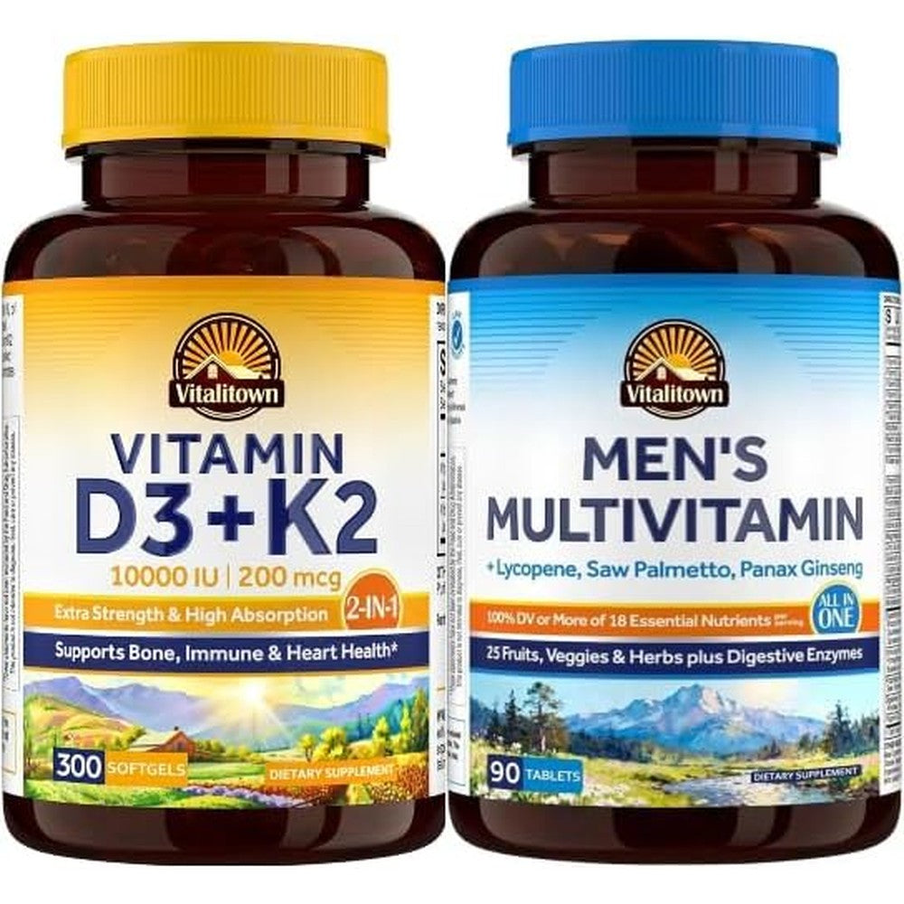 Vitalitown Vitamin D3 K2 Supplement And Men's Multivitamin Extra Strength 10000 IU And 200 Micrograms With 54 Nutrient Blend Softgels