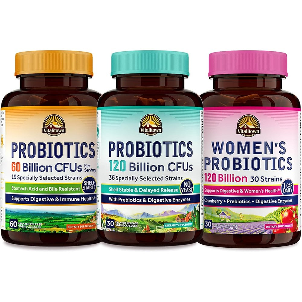Vitalitown Probiotic Bundle Pack Of 3 60 Billion CFU Probiotics 120 Billion CFU Probiotics And Womens Probiotics 30 Day Supply Each