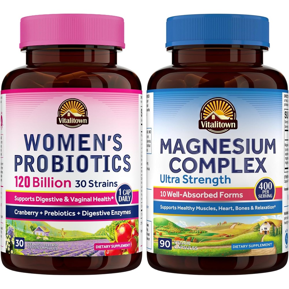 Vitalitown Magnesium + Probiotic Bundle Pack of 2 - 10-in-1 Magnesium Complex & Womens Probiotics 120 Billion CFUs