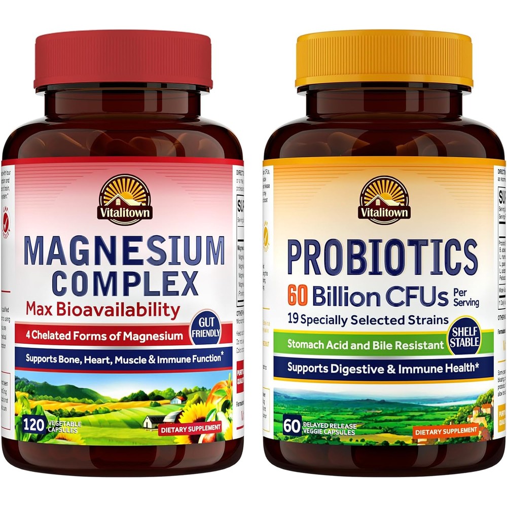 Vitalitown Magnesium Plus Probiotic Bundle Pack of 2 Magnesium Complex And Probiotics 120 Capsules And 30 Capsules