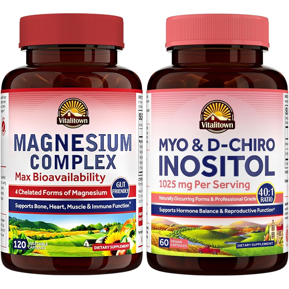Vitalitown Magnesium Complex And Inositol Bundle 500 Milligram Chelated Magnesium Glycinate Myo Inositol And D Chiro 120 Capsules