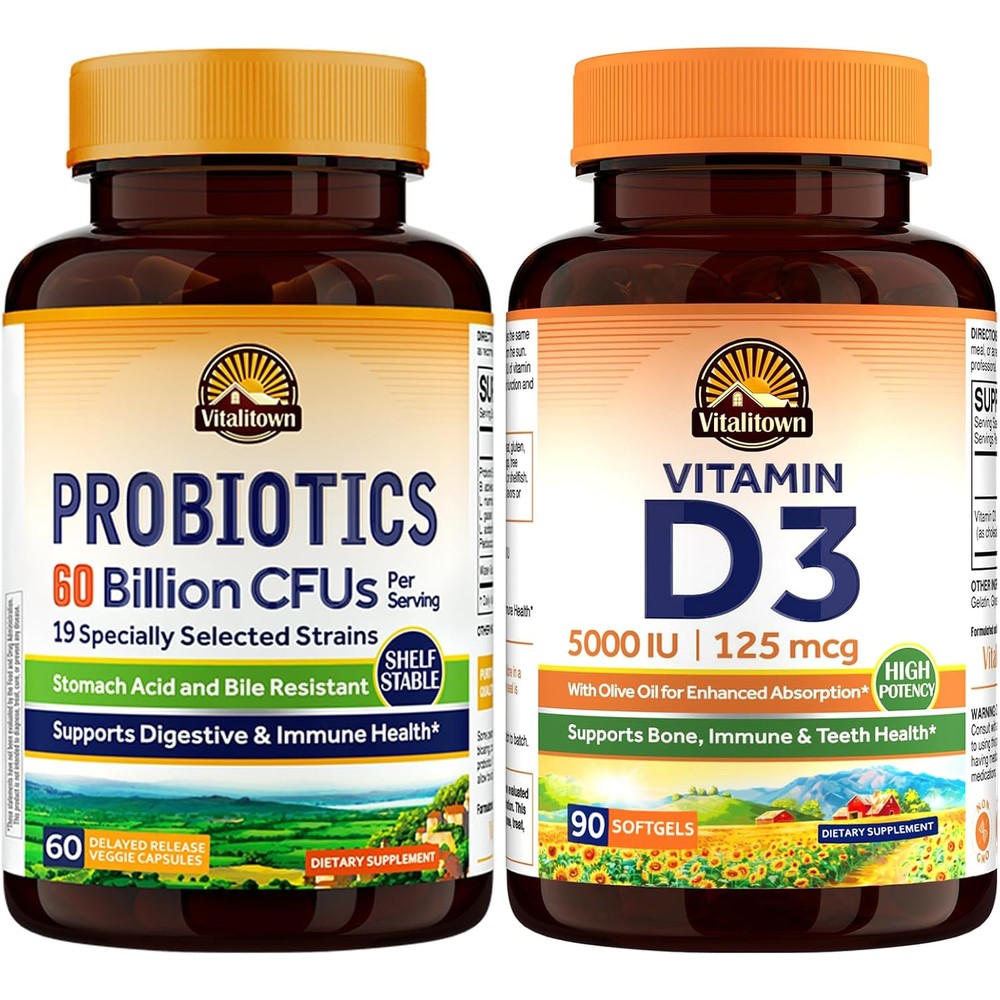 Vitalitown 60 Billion CFU Probiotics 60 Vegetarian Capsules Plus 5000 IU Vitamin D3 90 Softgels Gut Immune And Bone Health Boost Bundle