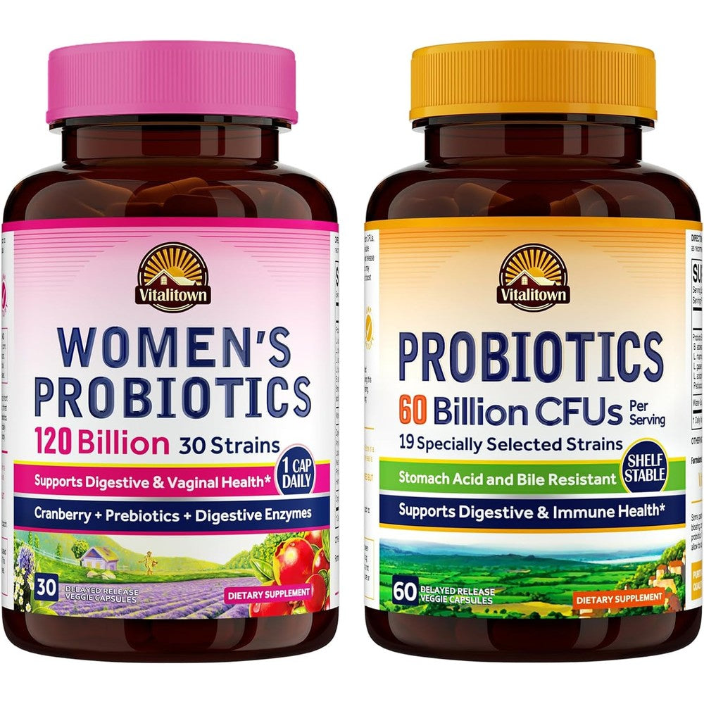 Vitalitown Probiotic Bundle Pack Of 2 Women S Probiotics 120 Billion And Probiotics 60 Billion Shelf Stable Digestive And Women S Health 30 Serving...
