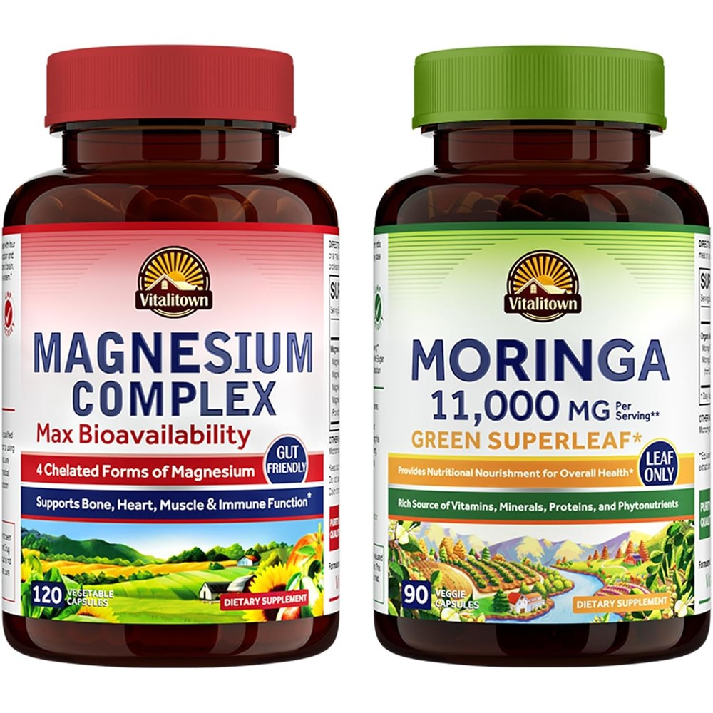 Vitalitown Magnesium Plus Moringa Supplement Bundle Chelated Magnesium Complex and Organic Moringa Capsules Pack of Two