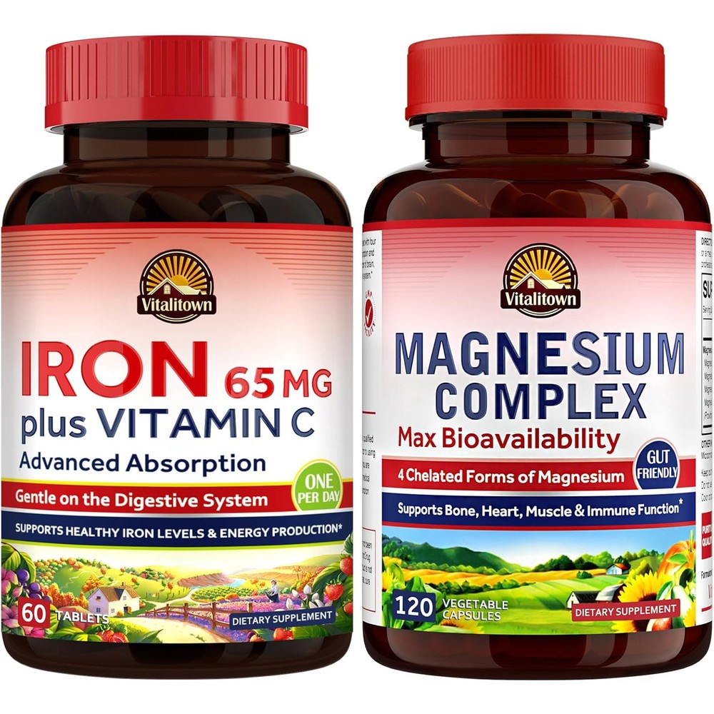 Vitalitown Magnesium Complex Supplement 500mg And 65mg Iron Supplement For Women And Men For Sleep Muscle Blood Building And Energy Improvement