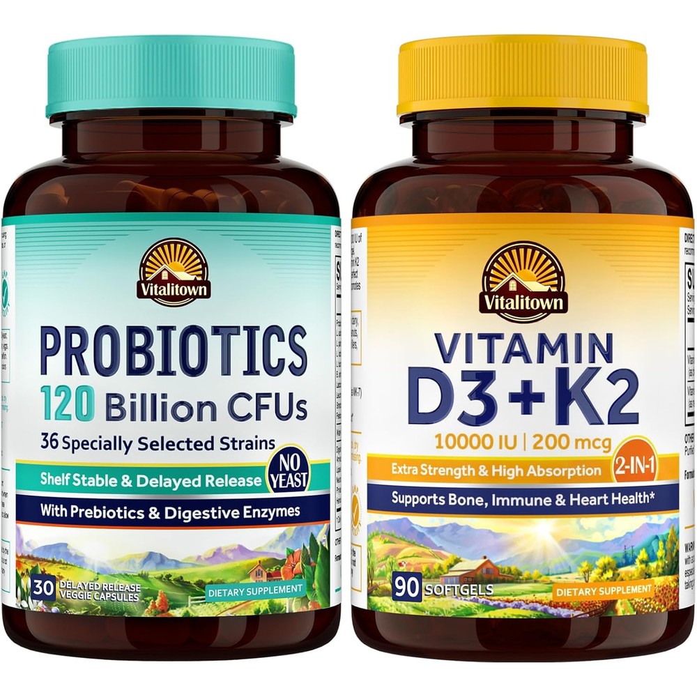 Vitalitown Probiotic And Vitamin D3 K2 Bundle Pack Of 2 120 Billion CFUs And 10000 IU Softgels