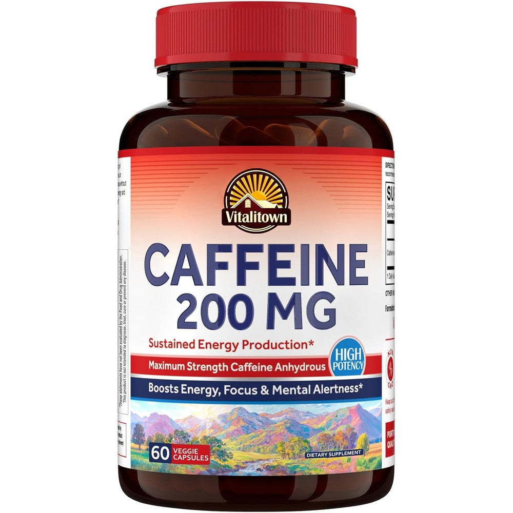 Vitalitown Caffeine Pills 200 mg Sustained Energy Production Supplement Alertness And Clarity 60 Capsules