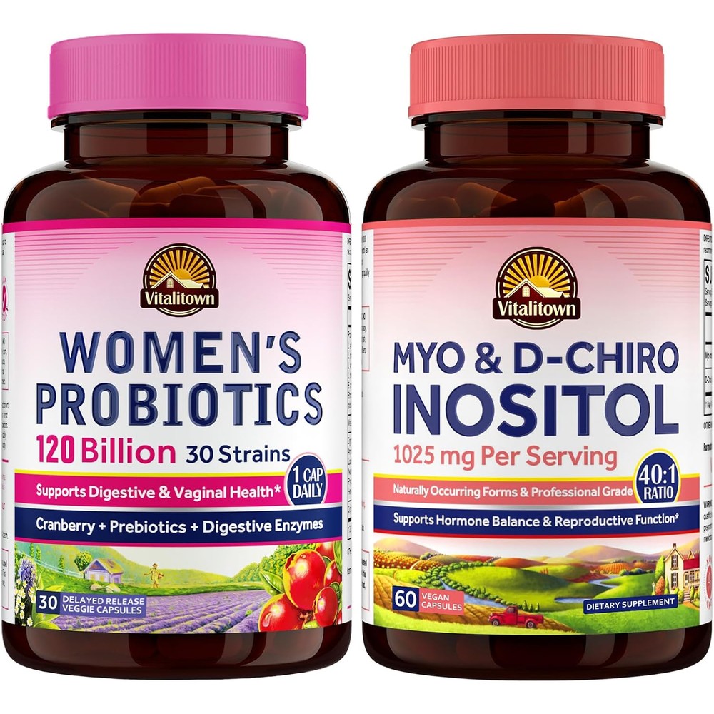 Vitalitown Women's Complete Health Bundle Probiotics 120 Billion CFUs 30 Strains With Cranberry And Myo-Inositol D-Chiro Vegan Capsules 30 Count